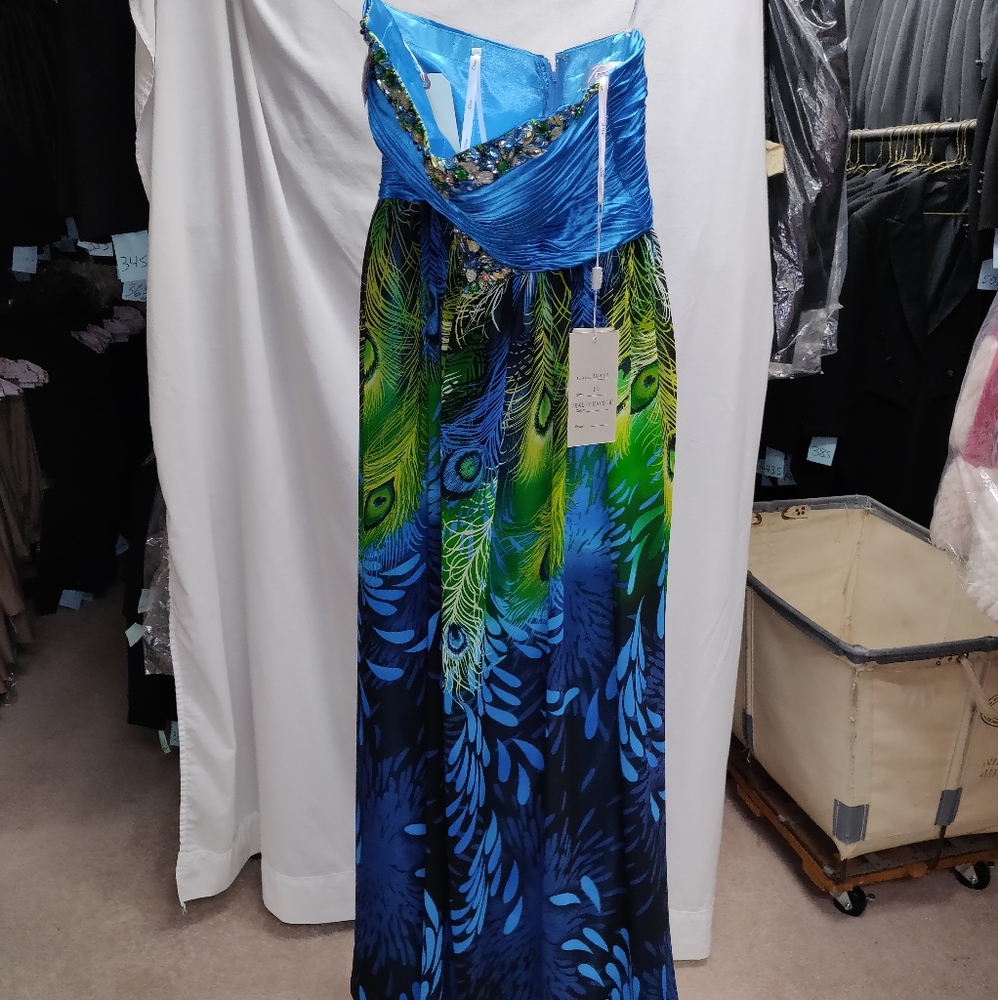 Blue Peacock Pattern Party Gown Size 12